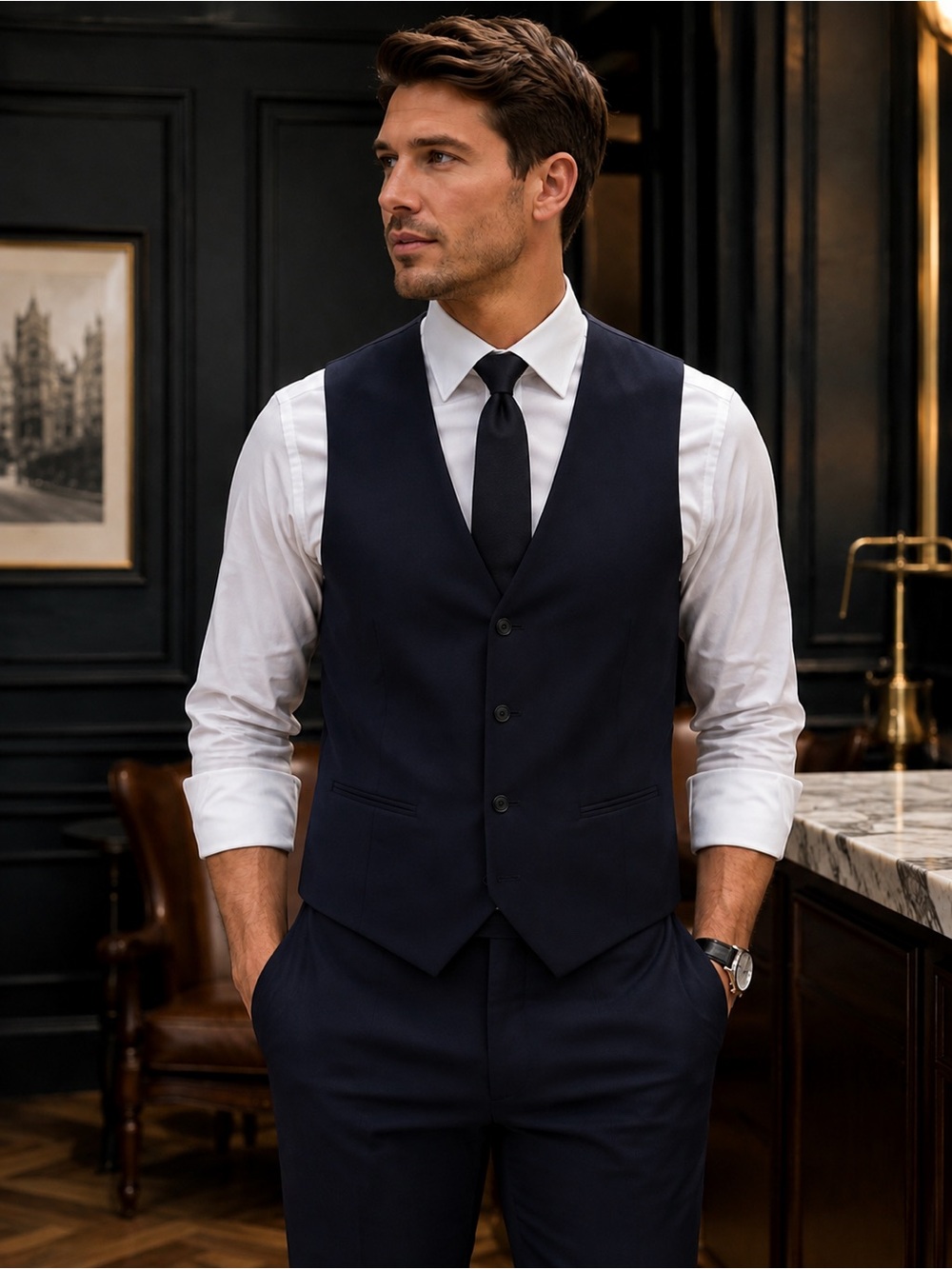 BOSS ONE HUGO BOSS Men’s Navy Jacquard Suit Vest Waistcoat 44R 25”